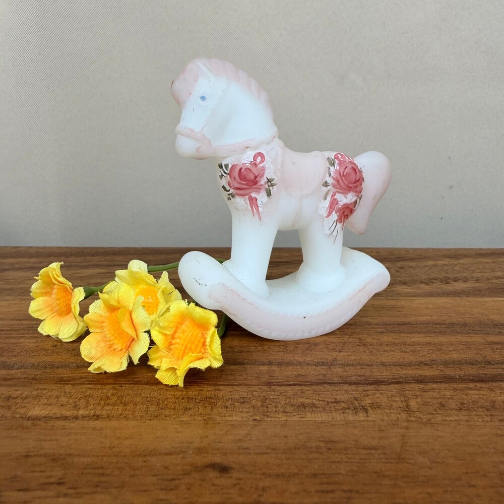 Fenton White Pink Red Ceramic Rocking Horse Figurine Hand Painted Floral Signed